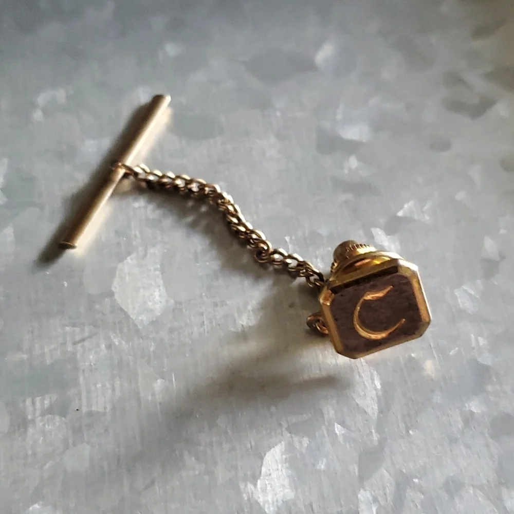 C Letter Initial Monogram Tie Tack with Chain